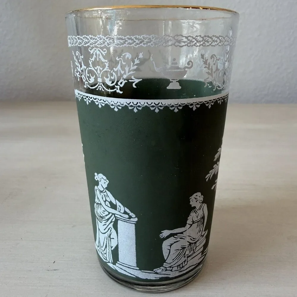 Set of 2 Vintage Jeanette Juice Glass Green Hellenic Jasperware Style Gold Rim